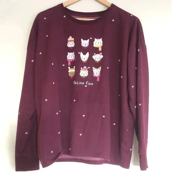CATS Vintage Y2k Pajama Top MEOW! Animal Sweater Maroon Womens Large - Picture 5 of 6